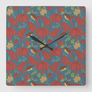 Pumpkin and carrot seamless pattern red and blue quadratische wanduhr