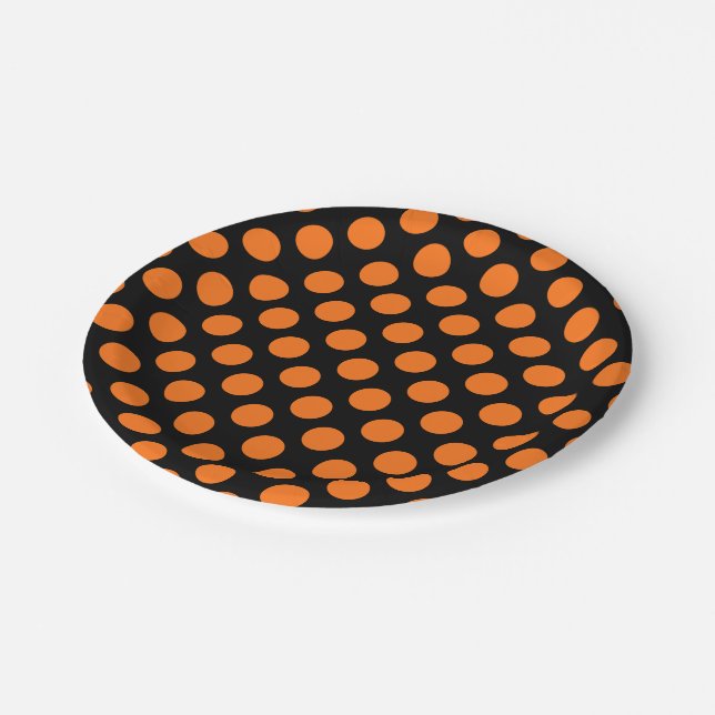 Pumpkin auf schwarzen großen Polka Dots Pappteller (Schrägansicht)