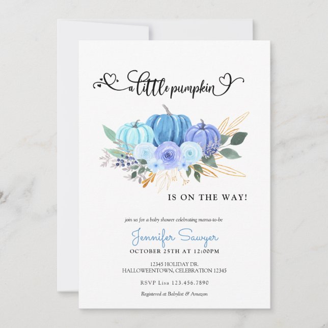 Pumpkin Autumn Blue Boy Baby Showdusche Einladung (Vorderseite)