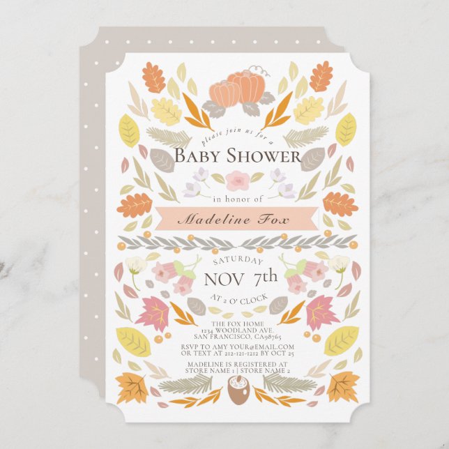Pumpkin Autumn Foliage Floral Baby Showdusche Einladung (Vorne/Hinten)