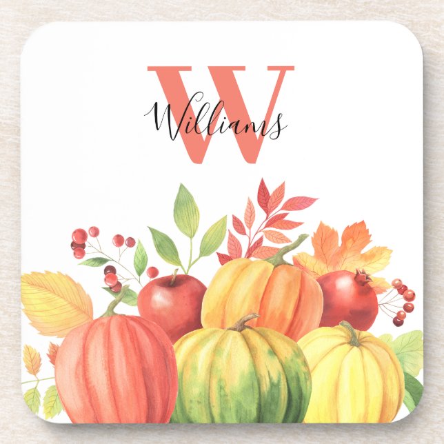 Pumpkin-Autumn Monogram-Name Getränkeuntersetzer (Vorderseite)