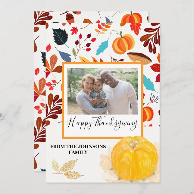 Pumpkin & Autumn Pattern Erntedank Fotokarte (Vorne/Hinten)