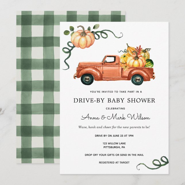 Pumpkin Autumn Truck Drive by Baby Shower Einladung (Vorne/Hinten)