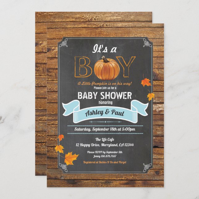Pumpkin Baby Dusche Einladung rustikale Holzkreide (Vorne/Hinten)