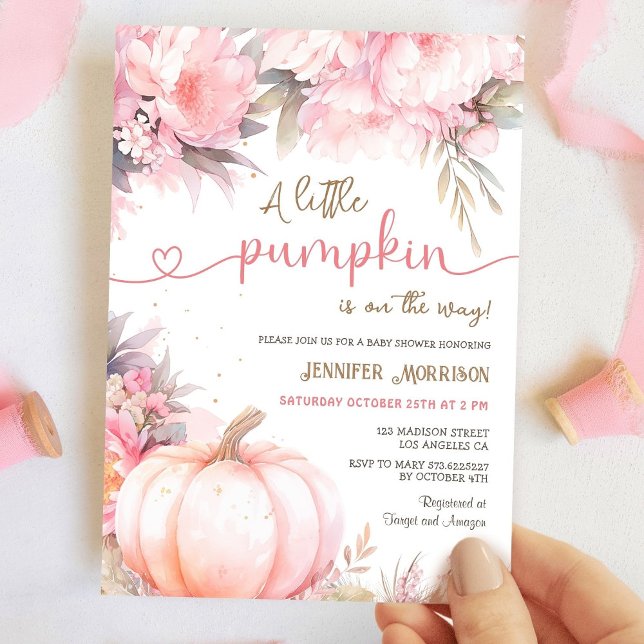 Pumpkin Baby Duschmädchen Rosa Blütenfall Herbst Einladung (Von Creator hochgeladen)
