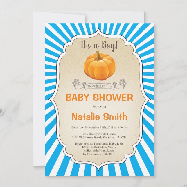 Pumpkin Baby Shower Einladung Herbst Junge (Vorderseite)