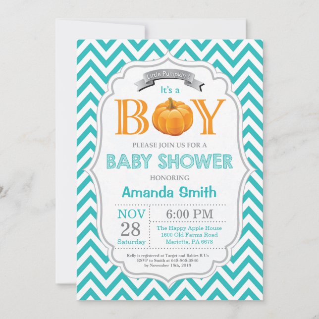 Pumpkin Baby Shower Einladung Herbst Junge (Vorderseite)