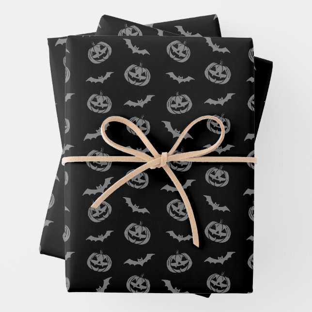 Pumpkin Bat Trick oder Treat Grau auf schwarzem Mu Geschenkpapier Set (Beispiel)