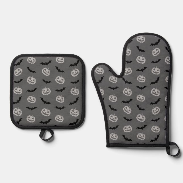 Pumpkin Bat Trick oder Treat Gray Muster Ofenhandschuh & Topflappen-Set (Vorderseite)