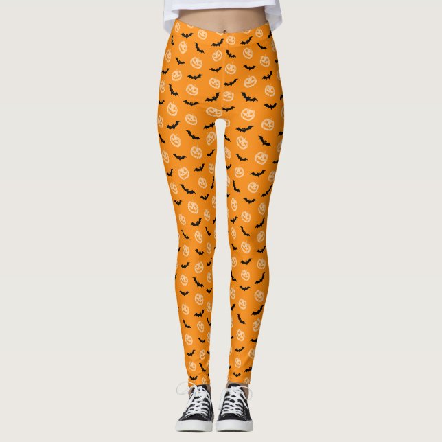 Pumpkin Bat Trick oder Treat Orange Muster Leggings (Vorderseite)