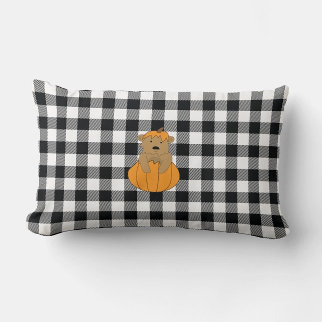 Pumpkin Bear Karo Muster Bauernhaus Kissen (Vorderseite)