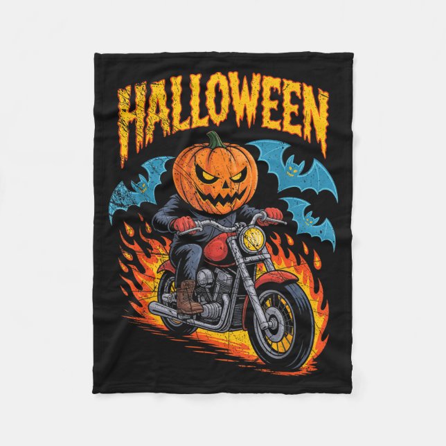 Pumpkin Biker Riding A Motorcycle Halloween Costum Fleecedecke (Vorderseite)