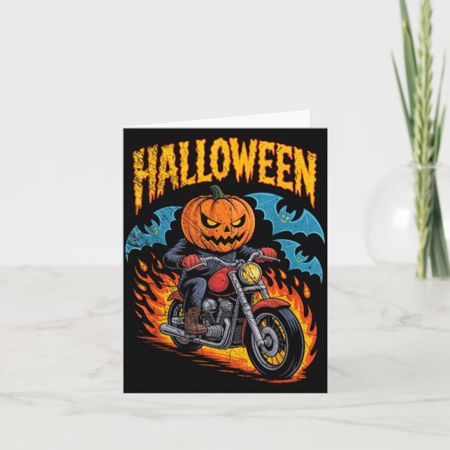 Pumpkin Biker Riding A Motorcycle Halloween Costum Karte (Vorderseite)