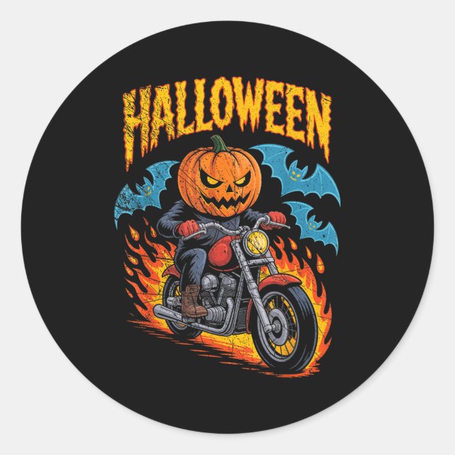 Pumpkin Biker Riding A Motorcycle Halloween Costum Runder Aufkleber (Vorderseite)