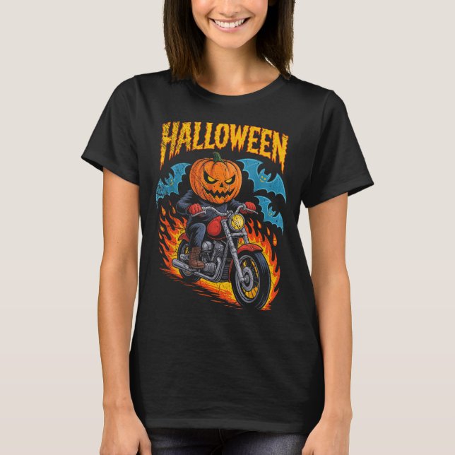 Pumpkin Biker Riding A Motorcycle Halloween Costum T-Shirt (Vorderseite)
