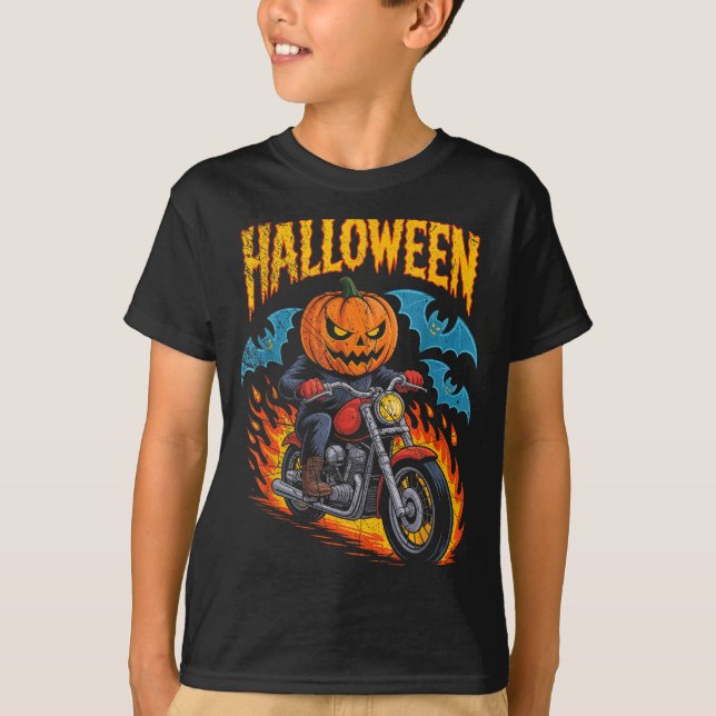 Pumpkin Biker Riding A Motorcycle Halloween Costum T-Shirt (Vorderseite)