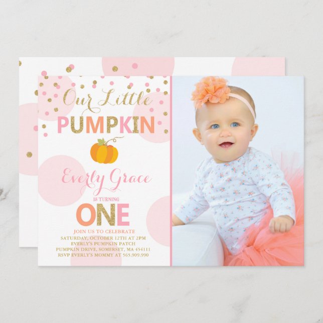 Pumpkin Birthday Einladung Pink Gold Pumpkin (Vorne/Hinten)