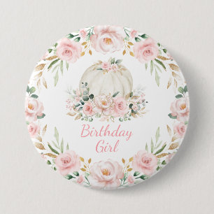 Pumpkin Birthday Girl Pink Blush Fall Floral Rose Button