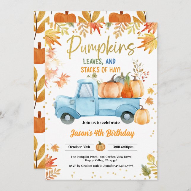 Pumpkin Birthday Party Boy Blue Truck Herbst Herbs Einladung (Vorne/Hinten)