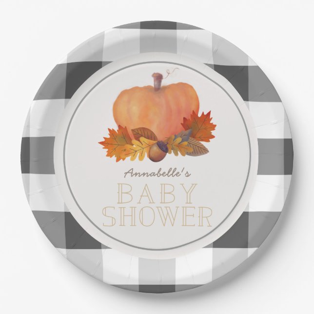 Pumpkin Black Buffalo Karos Babydusche Pappteller (Vorderseite)