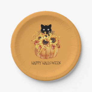 Pumpkin Black Cat Halloween Orange Paper Plate Pappteller