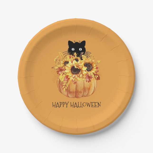 Pumpkin Black Cat Halloween Orange Paper Plate Pappteller (Vorderseite)