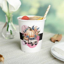 Pumpkin Black Pink Floral Truck Baby Dusche Pappbecher