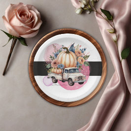 Pumpkin Black Pink Floral Truck Baby Dusche Pappteller