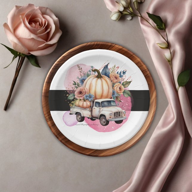 Pumpkin Black Pink Floral Truck Baby Dusche Pappteller (Von Creator hochgeladen)