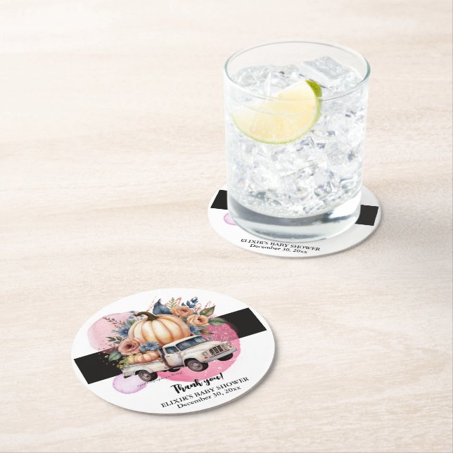 Pumpkin Black Pink Floral Truck Baby Dusche Runder Pappuntersetzer (Vor Ort)