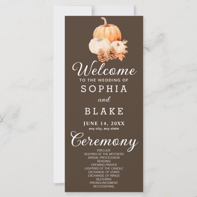 Pumpkin & Blätter Fall Cedar Brown Hochzeitsprogra (Vorderseite)