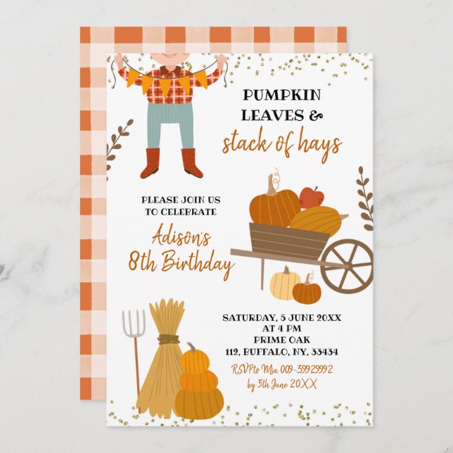 Pumpkin Blätter und Stapel von Hay Birthday Invita Einladung (Vorne/Hinten)