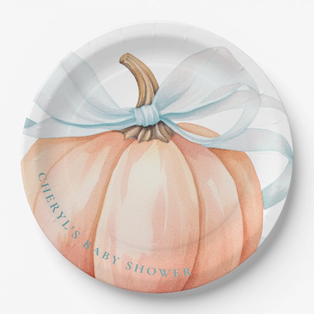 Pumpkin Blue Bow Baby Dusche Pappteller (Vorderseite)