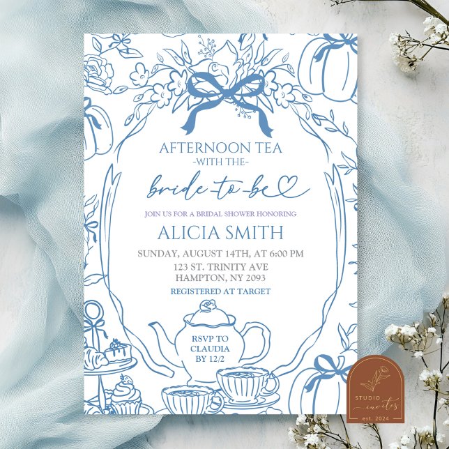  Pumpkin Blue Bow Toile Bridal Shower Tea Party Einladung (Von Creator hochgeladen)