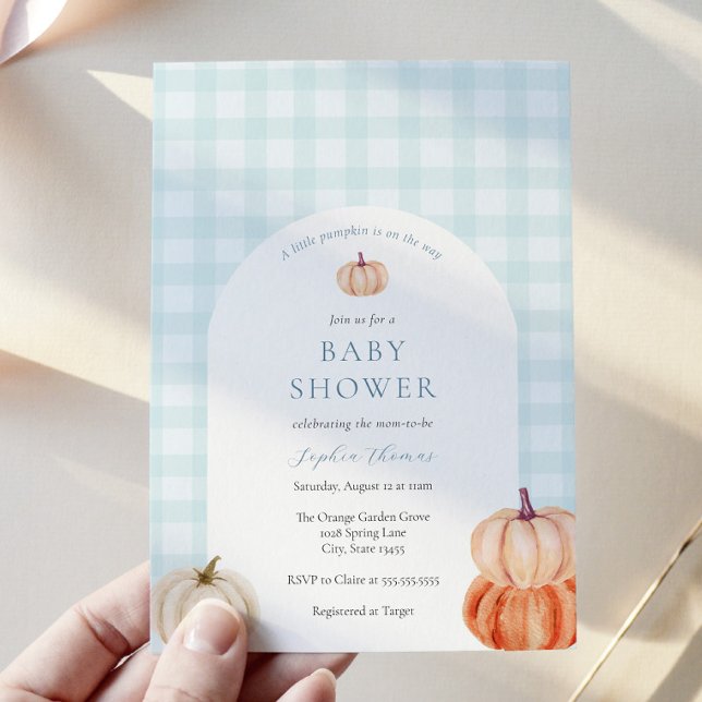 Pumpkin Blue Gingham Baby Boy Shower Arch Einladung (Von Creator hochgeladen)