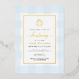 Pumpkin Blue Gingham Christening Foil Einladung