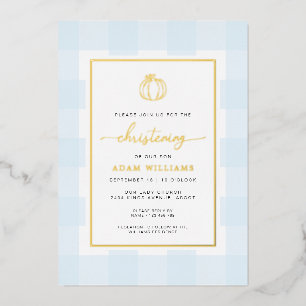 Pumpkin Blue Gingham Christening Foil Einladung