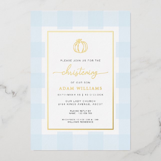 Pumpkin Blue Gingham Christening Foil Einladung (Vorderseite)