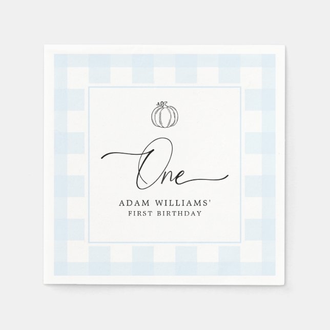 Pumpkin Blue Gingham First Birthday Paper Napkin Serviette (Vorderseite)