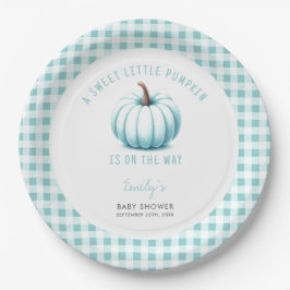 Pumpkin Blue Gingham Kariert Boy Baby Shower Pappteller