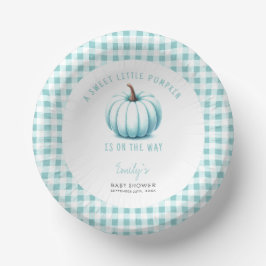 Pumpkin Blue Gingham Kariert Boy Baby Shower Pappteller