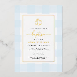Pumpkin Blue Gingham Taufe Gold Foil Einladung