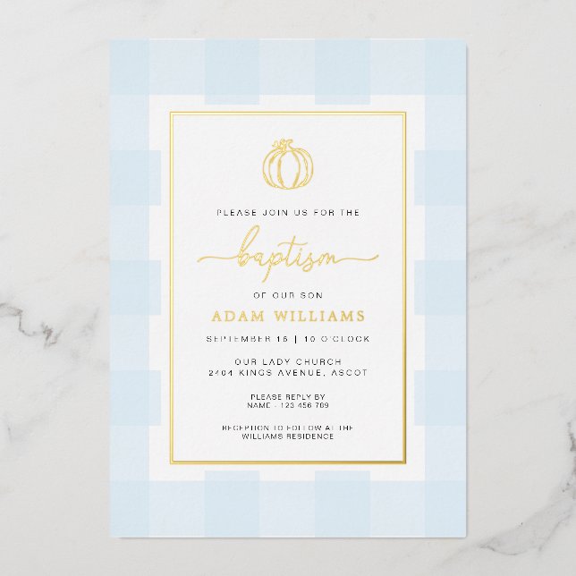 Pumpkin Blue Gingham Taufe Gold Foil Einladung (Vorderseite)