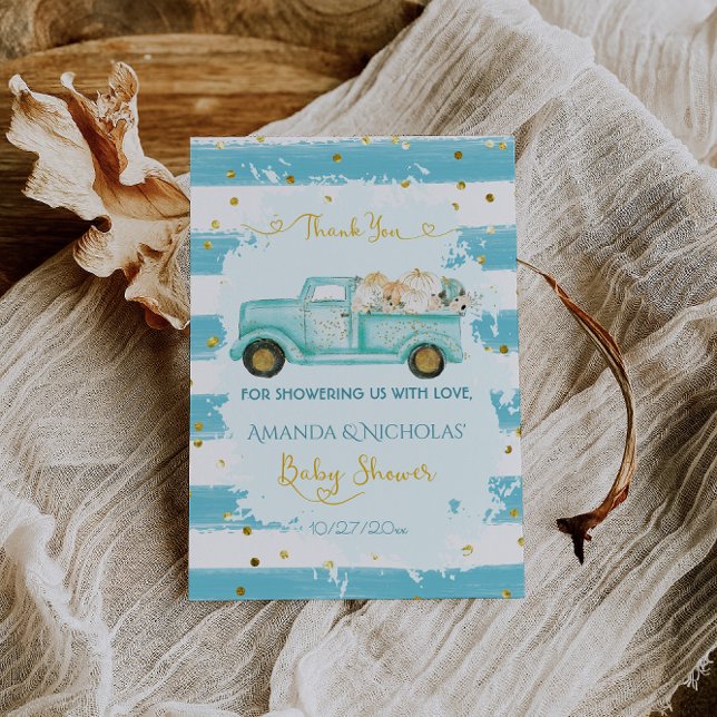 Pumpkin Blue Gold Herbst Herbstdusche Dankeskarte (Von Creator hochgeladen)