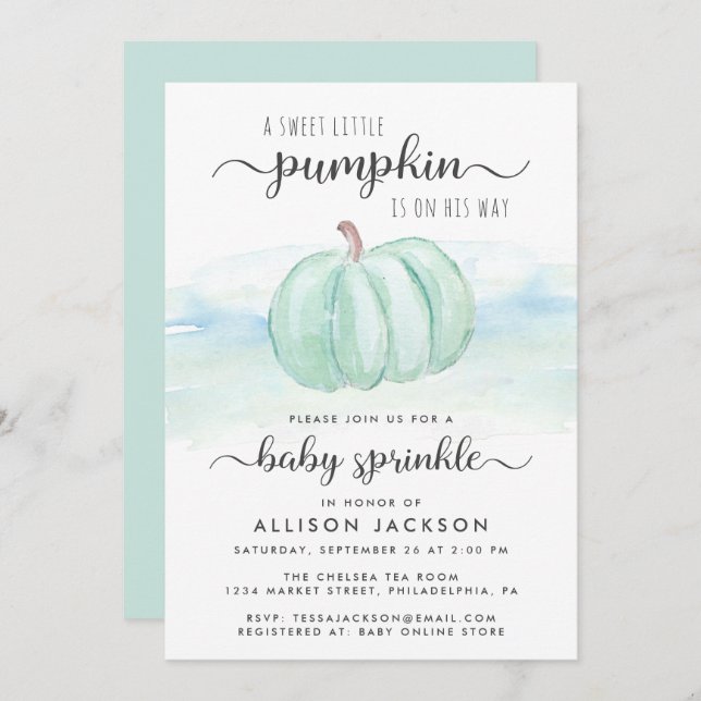 Pumpkin Blue Mint Watercolor Baby Sprinkle Einladung (Vorne/Hinten)