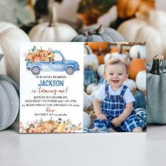 Pumpkin Blue Truck 1. Geburtstag Foto Einladung