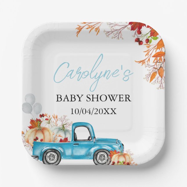 Pumpkin Blue Truck Fall Baby Dusche Pappteller (Vorderseite)