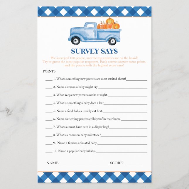Pumpkin Blue Truck Survey sagt Baby Showgame Flyer (Vorne)