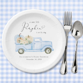 Pumpkin Blue Truck Watercolor Babydusche Pappteller