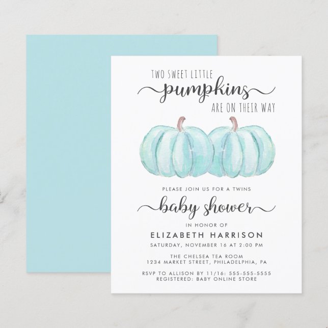Pumpkin Blue Twin Baby Boys Dusche Einladung (Vorne/Hinten)